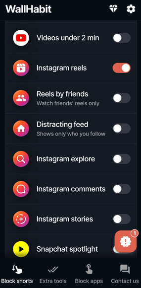 Blocking options of Distraction Free Instagram APK
