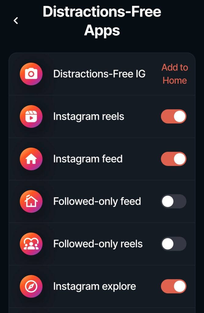 A screenshot showing distraction-free instagram options on android
