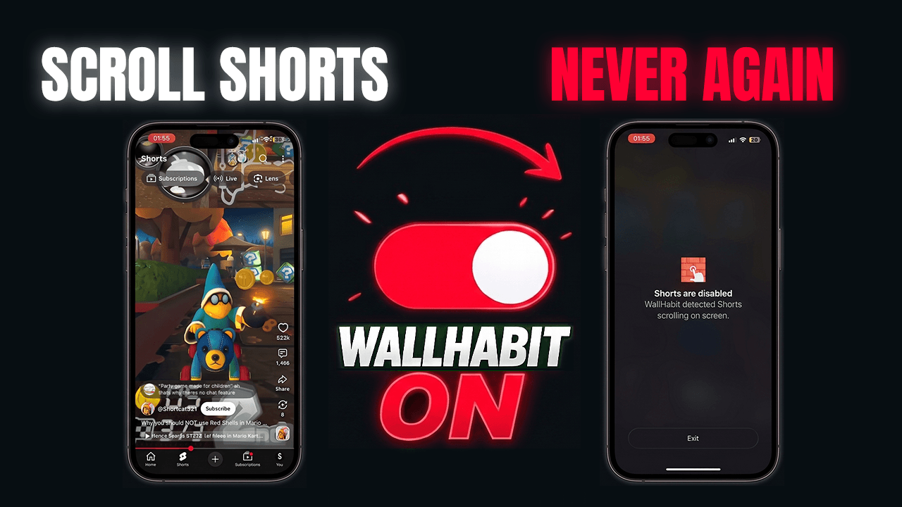 WallHabit detects YouTube Shorts on iPhone and blocks them in real time with the Shorts are disabled screen