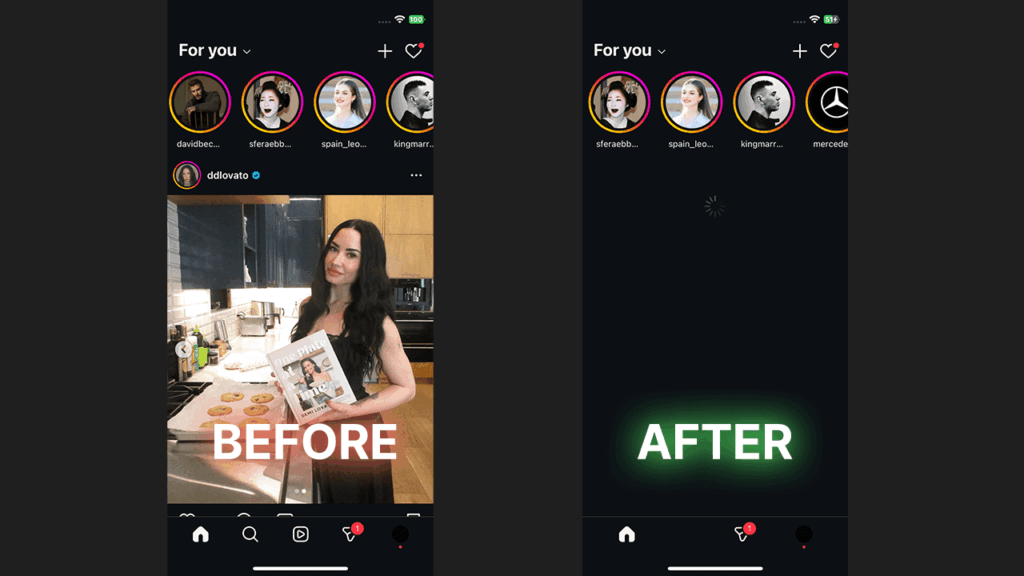 Vorher-Nachher-Ansicht mit deaktivierten Instagram Reels auf iOS