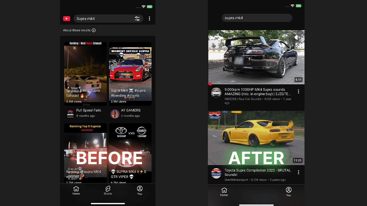 Before page and After page with youtube shorts disabled on ios