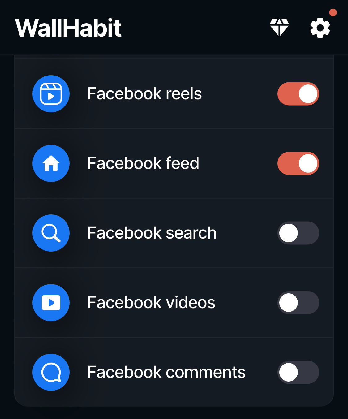 A screenshot of the customization available for distraction-free facebook on iOS
