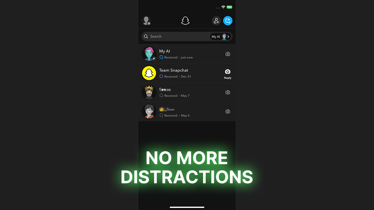 Distraction-free snapchat with spotlight page disabled on ios