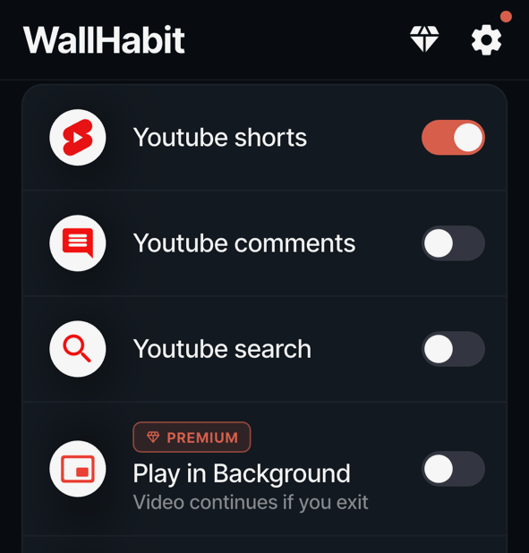 A screenshot of WallHabit main page showing options to disable youtube shorts on iOS