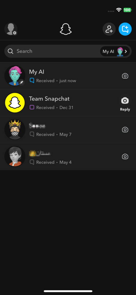 A screenshot of distraction-free snapchat for iOS 