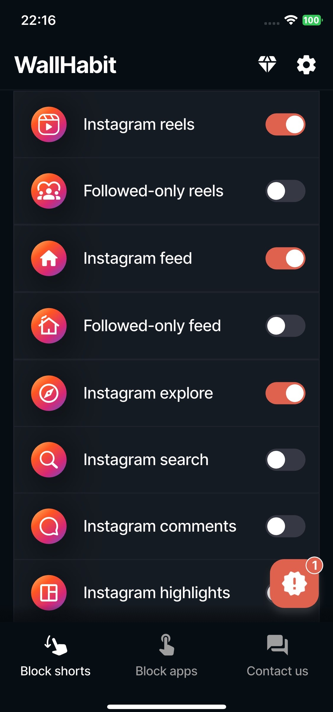 Best app blocker iOS 2026 – WallHabit iOS app settings: Toggle Instagram Reels off, block feed/explore/search, with orange icons and dark theme. Top choice for specifically disabling Reels and shorts to cut distractions and improve screen time control.