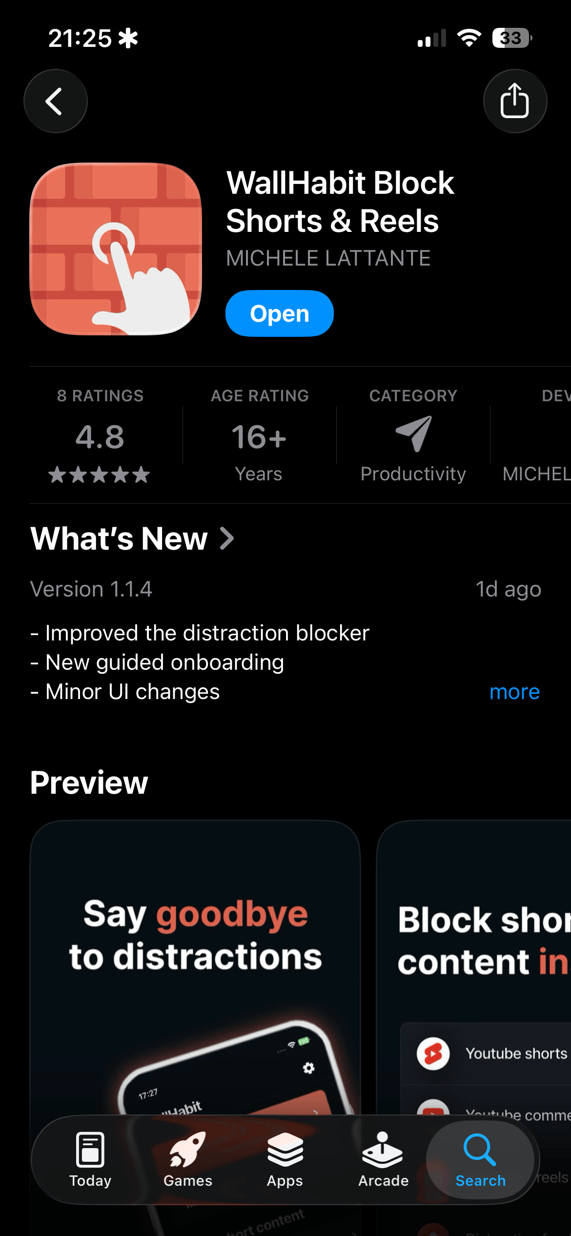 WallHabit app page on the App Store showing version 1.1.4