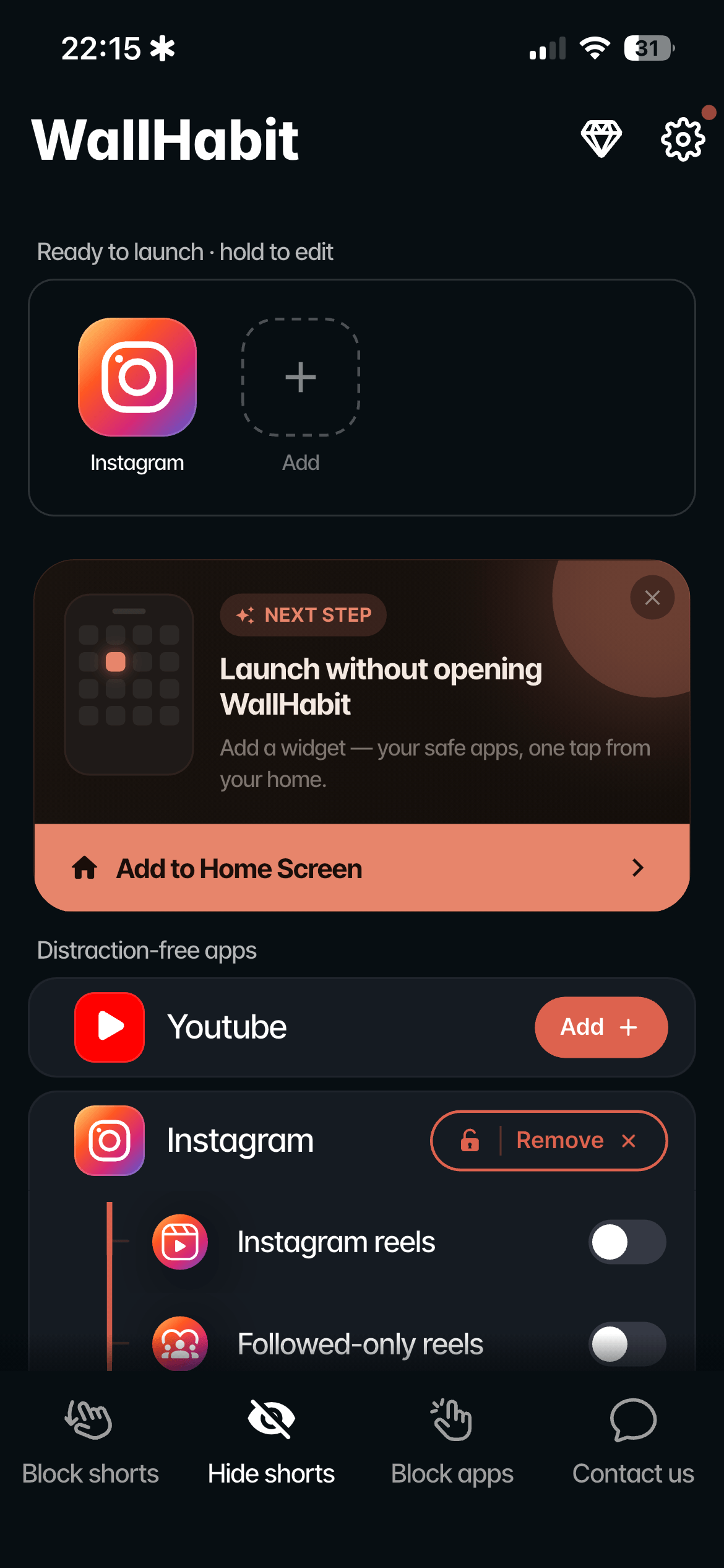 WallHabit distraction-free settings on iOS with the Add button for choosing which Instagram distractions to hide