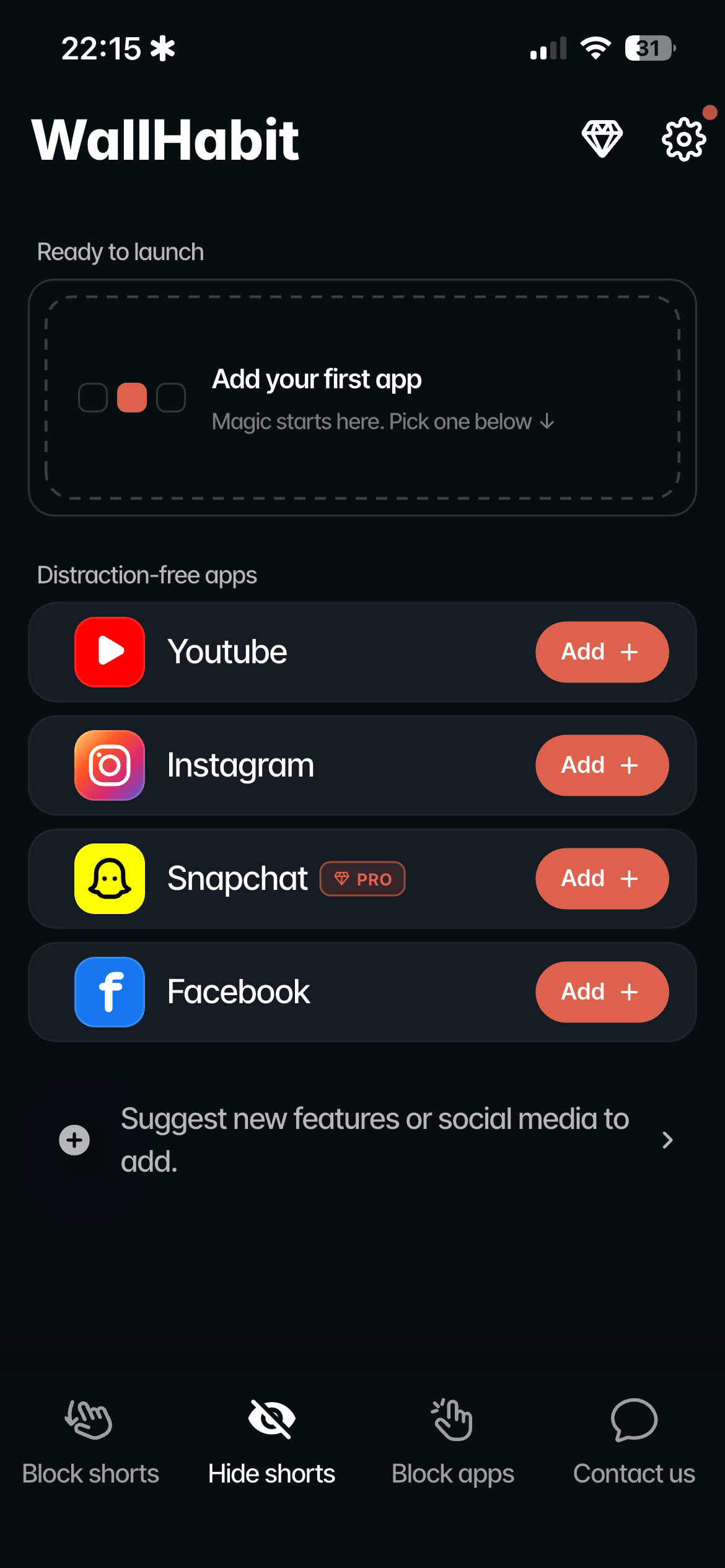 WallHabit Hide settings on iOS where the distraction-free YouTube mode is enabled