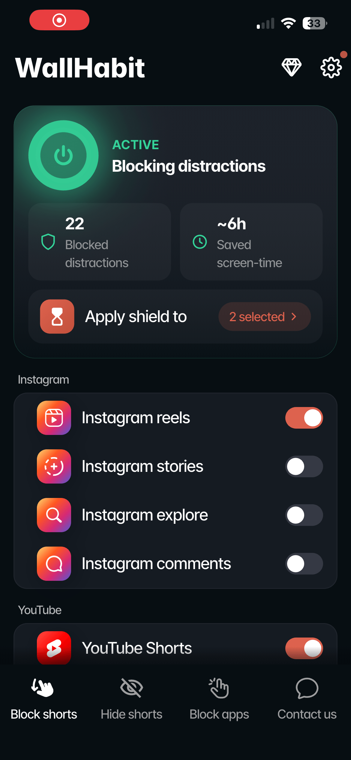 WallHabit 1.1.4 native Block Reels toggle switched on