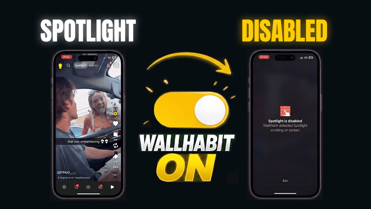 WallHabit detects Snapchat Spotlight on iPhone and blocks it in real time with the Spotlight is disabled screen