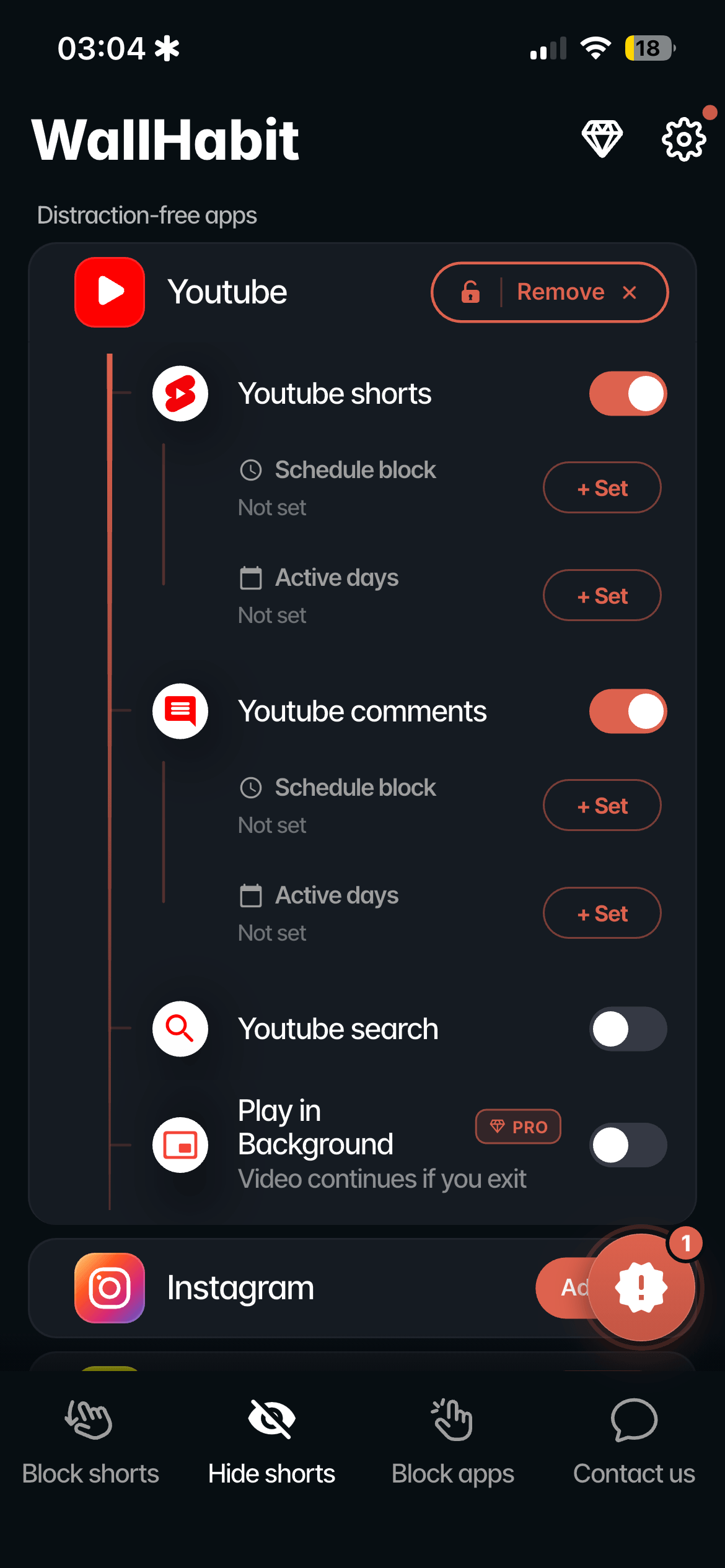 WallHabit distraction-free settings on iOS with the Add button for choosing which YouTube distractions to hide