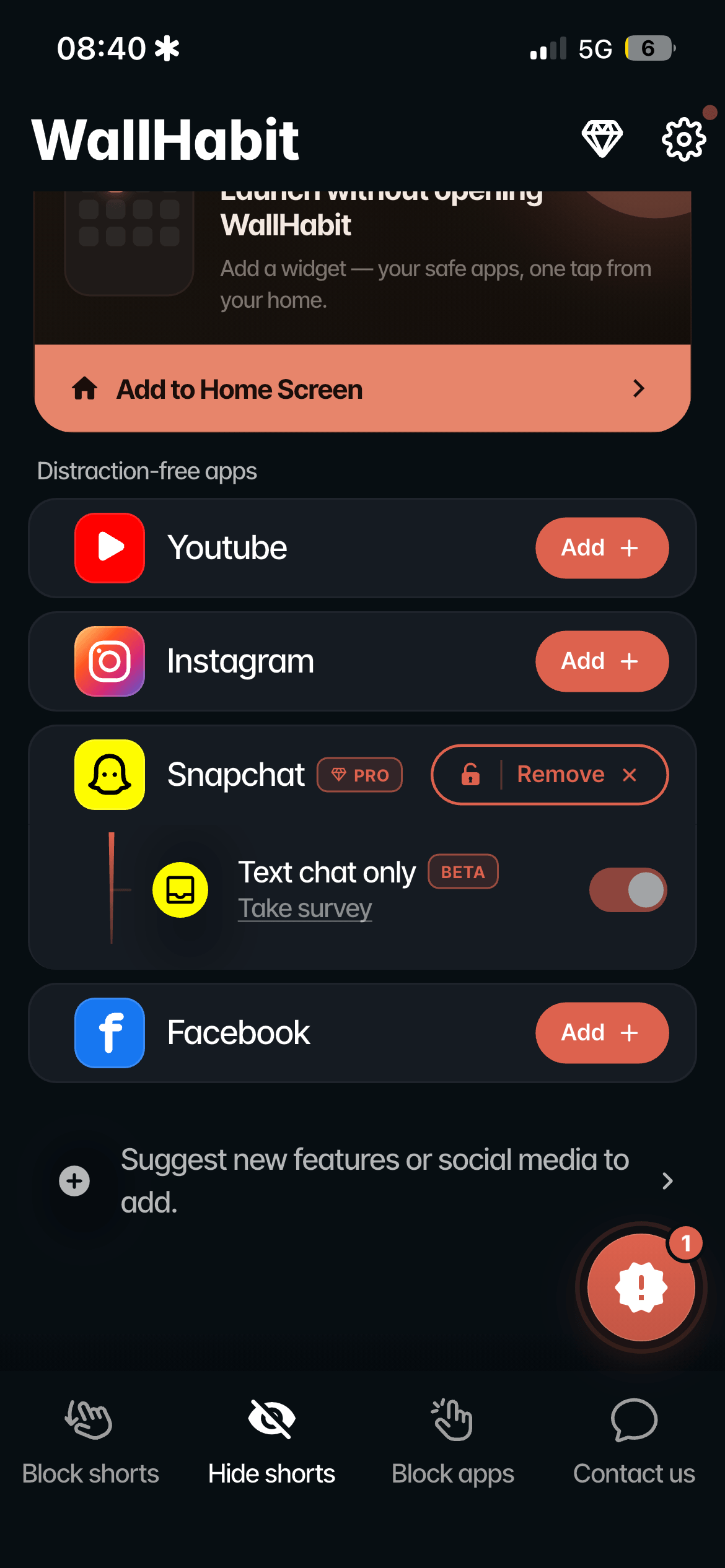 WallHabit distraction-free settings on iOS with the Add button for choosing which Snapchat distractions to hide