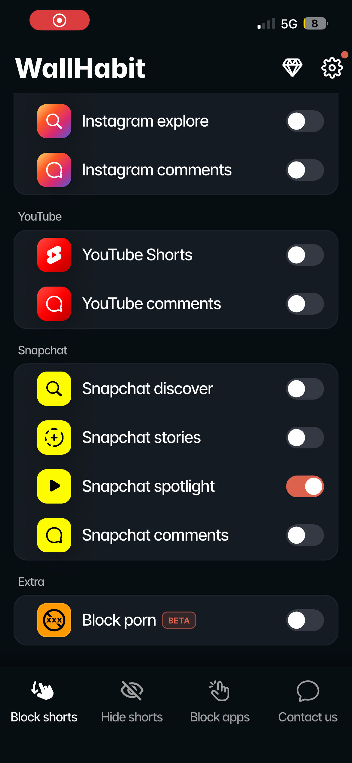 WallHabit 1.1.4 native Block Spotlight toggle switched on
