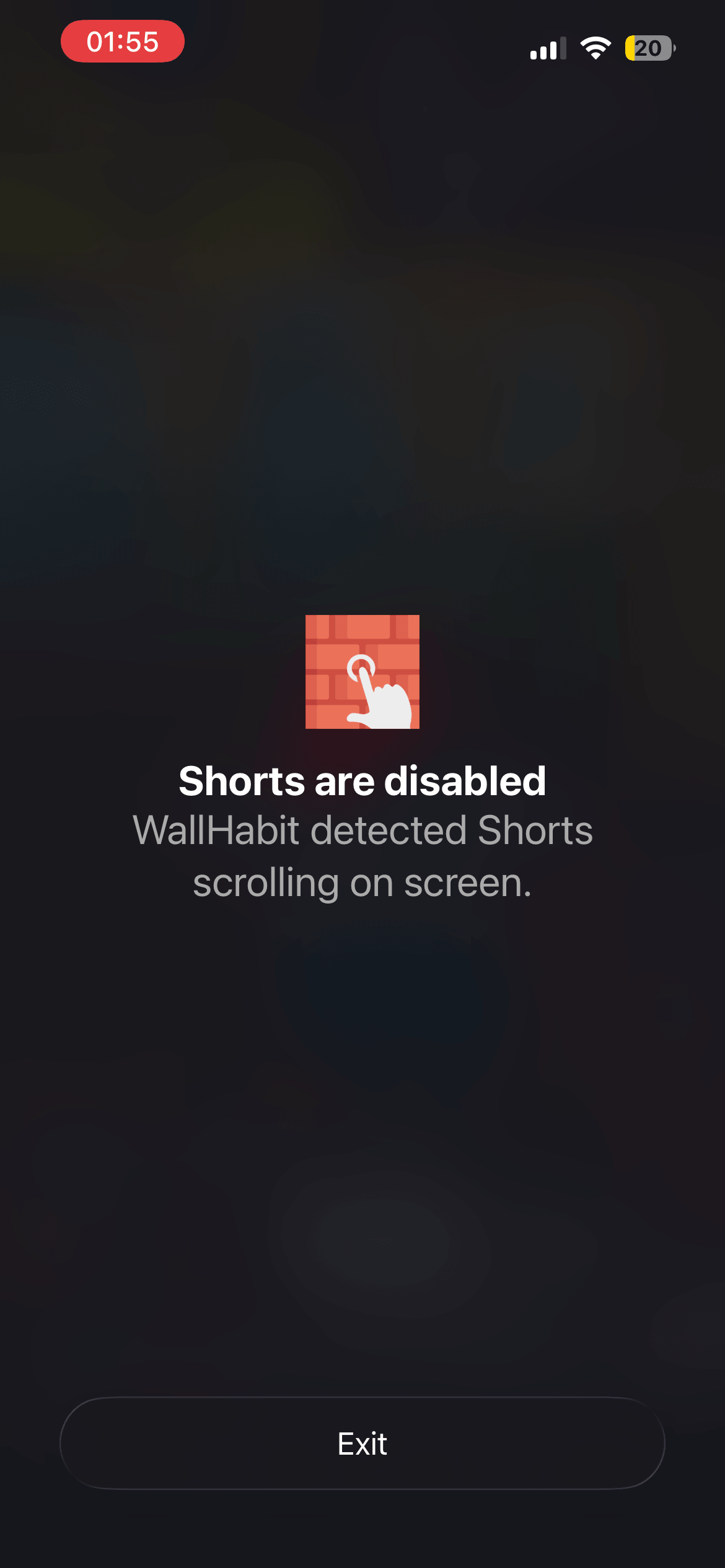 WallHabit detecting YouTube Shorts and redirecting out of the feed on iPhone