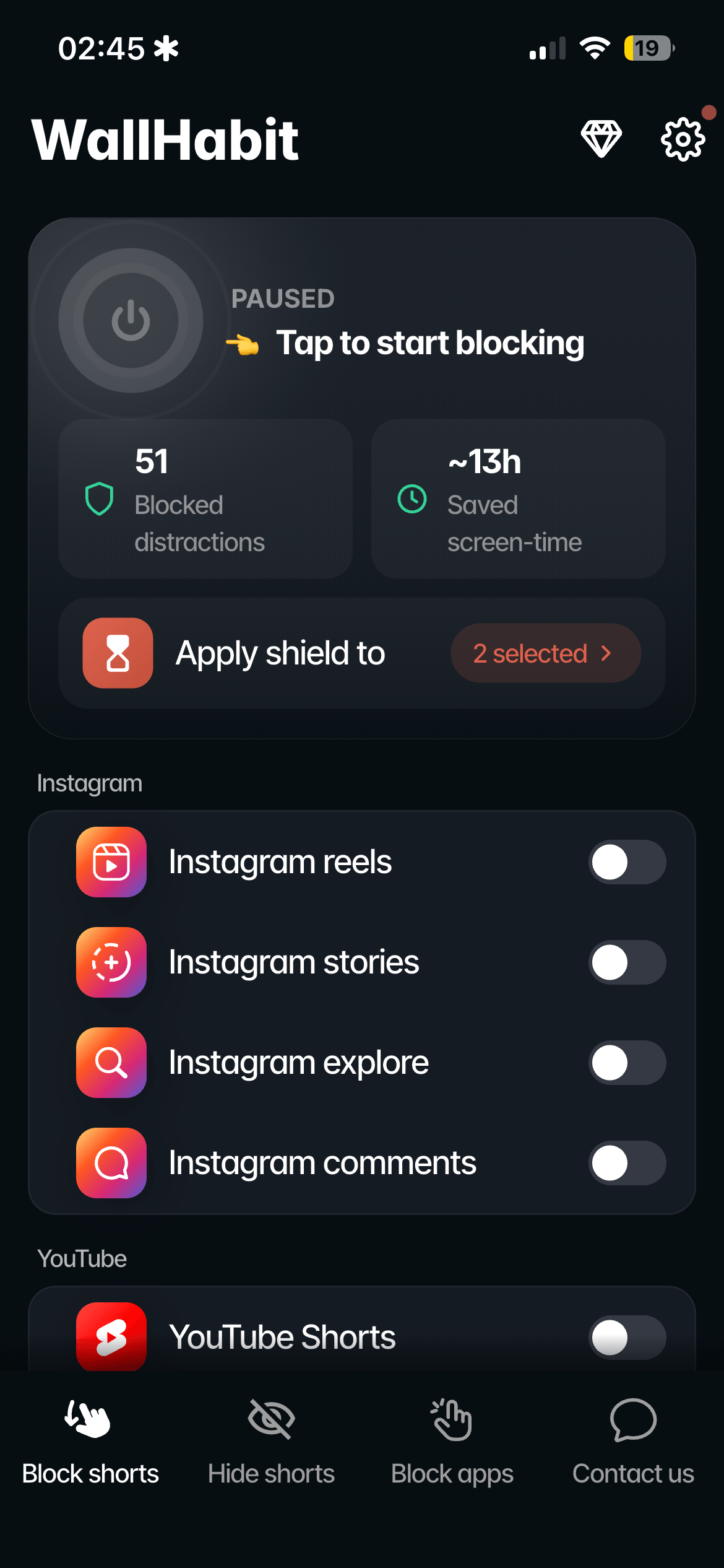 WallHabit iOS app open on the YouTube blocking settings