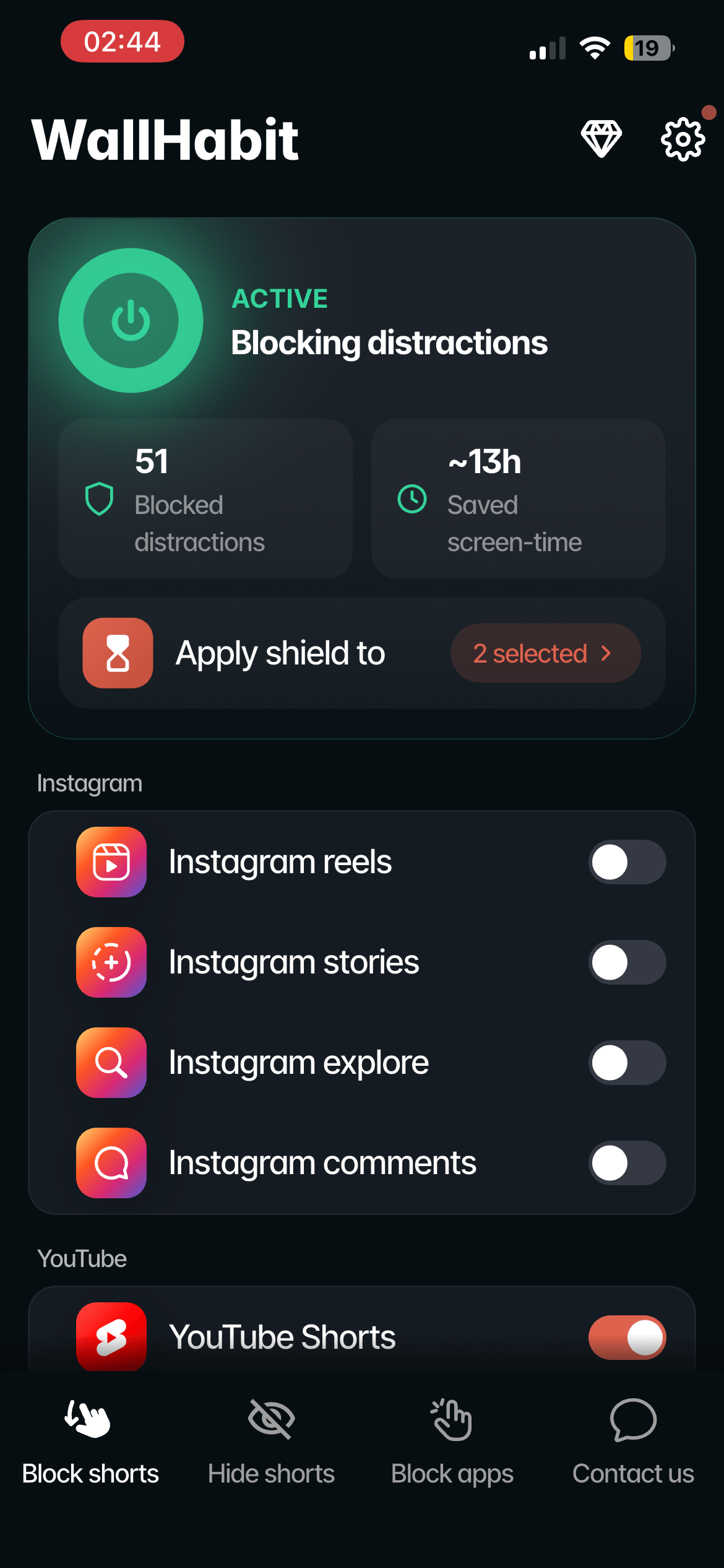WallHabit 1.1.4 native Block Shorts toggle switched on